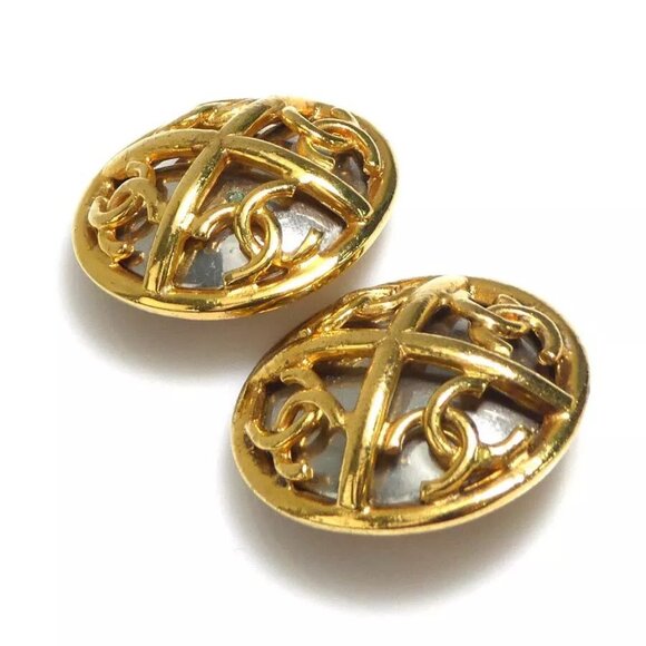 CHANEL Vintage CC Logo Clip on Earrings Gold/Silver Metal - e - Picture 2 of 9
